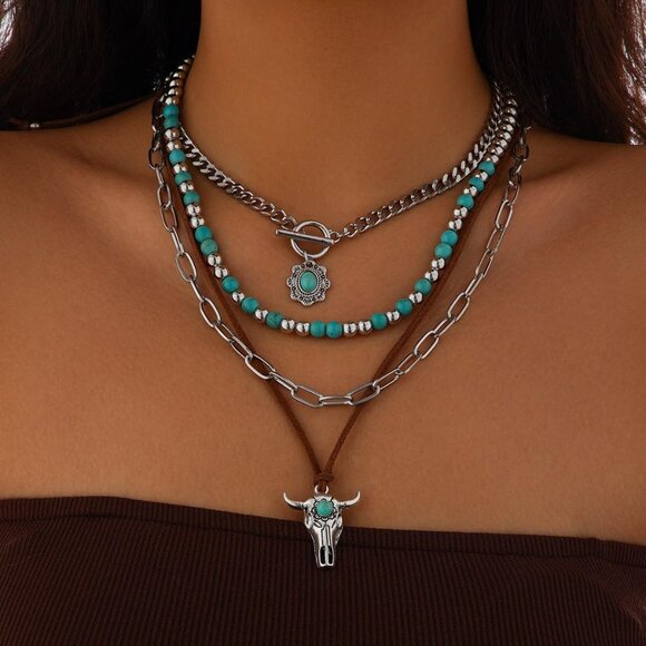 Women's Vintage Western Turquoise Beaded Western Cactus Cross Chain Necklaces - Picture 2 of 6